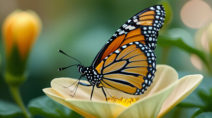 Fototapeta premium Vibrant monarch butterfly with delicate orange and black wings feeding on a colorful flower in a summer garden.