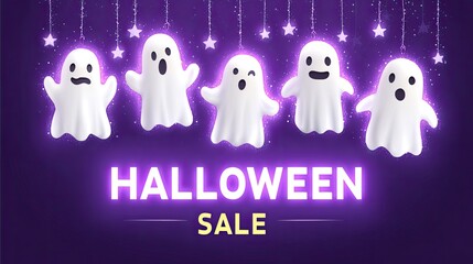 Cute Halloween sale banner with glowing ghosts hanging on strings and glowing text on dark purple background