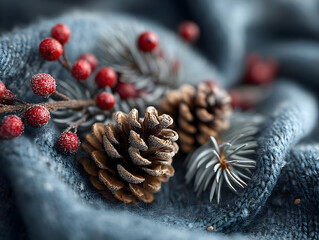Frosted pine cones and red berries on a cozy blue knitted fabric creating a warm rustic winter holiday composition. Close-up