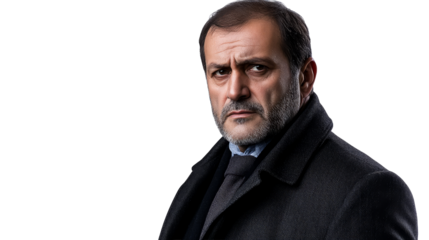 Pensive middle aged man wearing coat looking at camera, cut out transparent