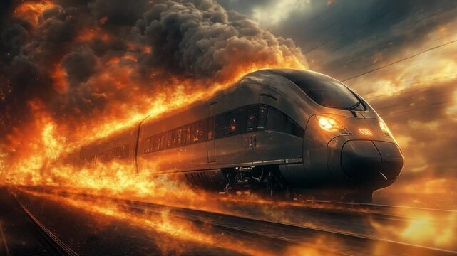 A high speed train moves through a fiery landscape, engulfed in smoke and flames, creating an intense atmosphere of chaos