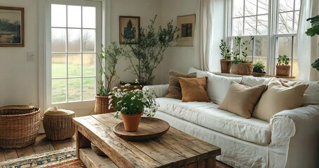 Cozy living room with white sofa, wooden table, plants, and natural light, creating a peaceful atmosphere.