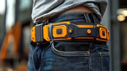 Close-up of a functional orange and black belt with tech attachments on a person's waist