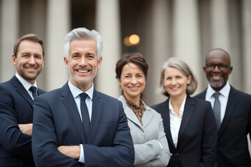 Diverse group of lawyers standing together in front of a law firm building, united and professional look.