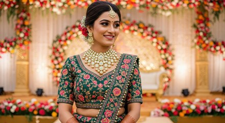 A woman smiles elegantly while dressed in intricate traditional attire at a floral backdrop