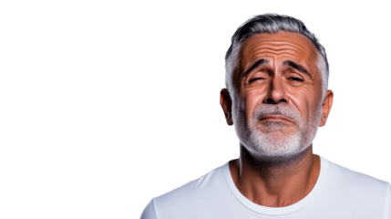 Senior man portrait, pensive expression, cutout transparent