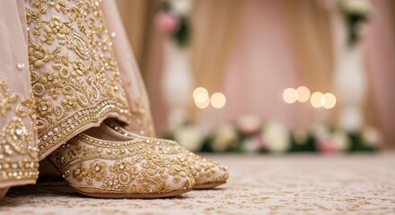 Stunning embroidered bridal shoes shine in a wedding scene with candles behind them