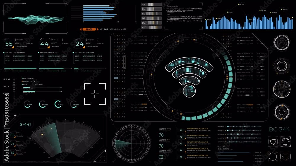 Aufkleber motion graphic of blue digital wifi logo with head up display (hud ui) panel and futuristic technolo