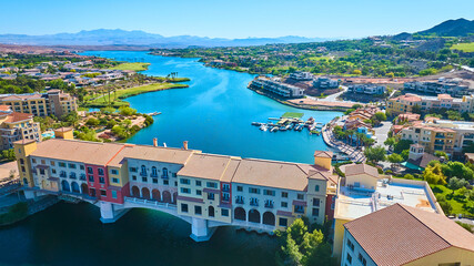 Aerial Waterfront Bridge and Resort Homes Lake Las Vegas Fly Over
