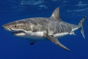 Naklejka premium In the blue ocean, a Great White Shark is shown through underwater photography, hunting and lurking near the surface of the water
