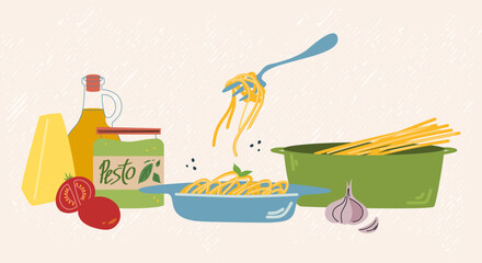 Pasta with pesto sauce. Italian food. Preparation of the dish and ingredients for pasta.