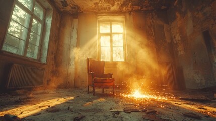 Abandoned room bathed in golden sunlight