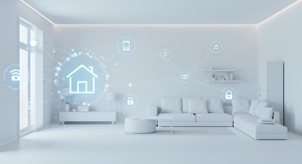 smart home symbol with double exposure overlay of modern interior devices and network tech