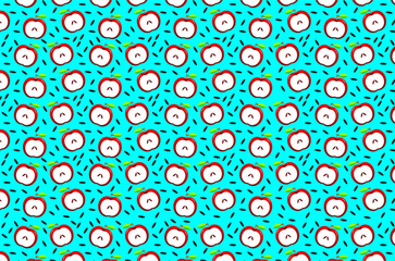Slice apple pattern background. Red apple slices pattern. Half apple slice with green leaves pattern. Apple slices illustration. Summer fruits pattern illustration. Healthy fruits design.
