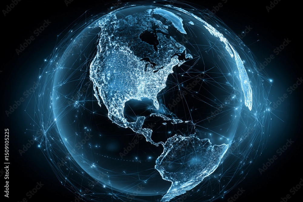 Poster visual representation of a glowing earth with interconnected networks in a dark space background