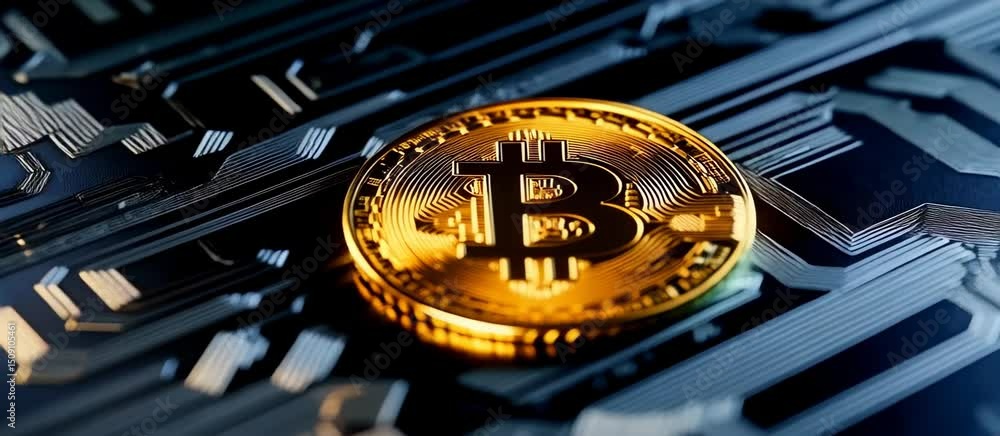 Poster shiny gold bitcoin rotating on circuit board with digital sparks: cryptocurrency technology dynamic