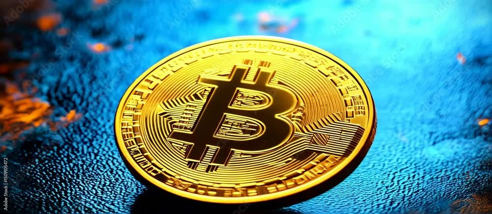 Poster bitcoin coin rolling and settling on glittering surface with dynamic light effects