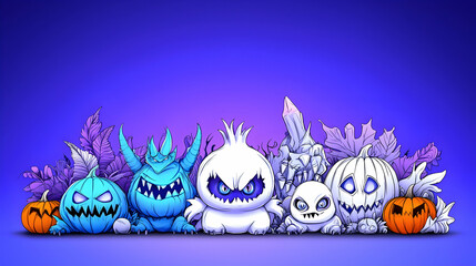 Pixel Art Halloween Ghosts and Pumpkins on Purple Background