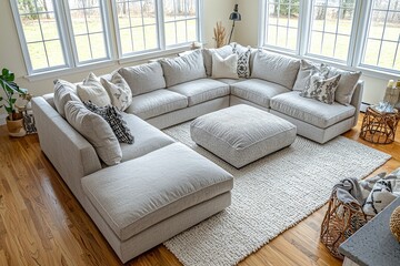 Large light gray fabric couch with ottoman, wood floors, white rug, and natural lighting in a New England living room, wide-angle shot.