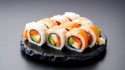 Black stone plate with sushi rolls containing vinegared rice, smoked salmon, cream cheese, avocado, served with wasabi and soy sauce, soft shadows, isolated presentation