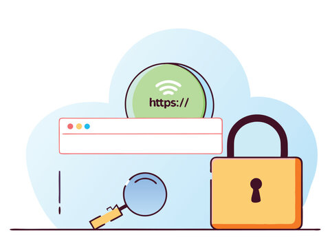 Secure HTTPS Website Connection with Padlock and Magnifying Glass Vector Illustration