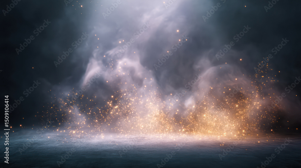 Poster dramatic scene featuring swirling smoke and sparkling particles, creating mystical . interplay of li