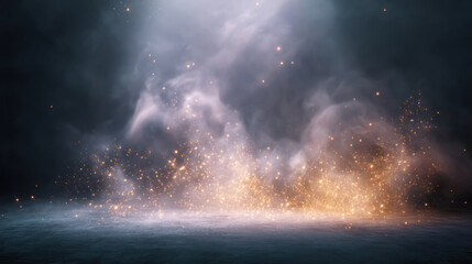 dramatic scene featuring swirling smoke and sparkling particles, creating mystical . interplay of light and shadow adds depth and intrigue to composition