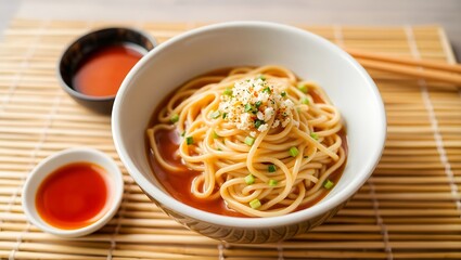 Bowl of chilled soba noodles with dipping sauce and nori topping, bamboo mat in background