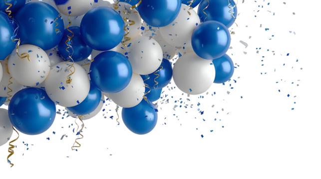 Blue and white balloons celebration confetti party