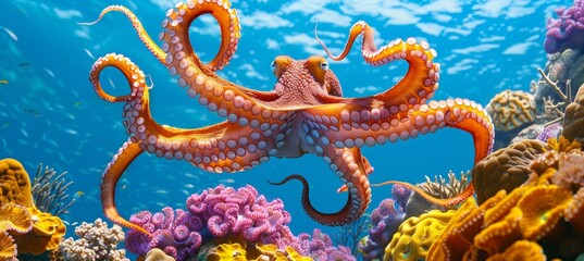 Naklejka premium Color changing octopus underwater master of camouflage and adaptation in marine environments