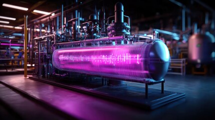 Factory interior, illuminated reactor, industrial process