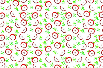 Half slice apple pattern background. Red apple slices pattern. Apple slice with green leaves pattern. Apple slices illustration. Summer fruits pattern illustration. Healthy fruits design.