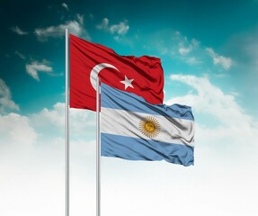  National flags of Turkey and Argentina wave side by side in a clear blue sky symbolizing...