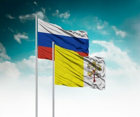  National flags of Russia and Vatican wave side by side in a clear blue sky symbolizing...