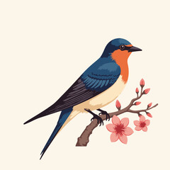Obraz premium Colorful bird perched on flowering branch. Detailed illustration of swallow bird, a passerine species, resting on delicate pink blossoms.