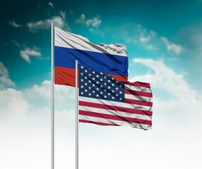  National flags of Russia and United States of America wave side by side in a clear blue sky...