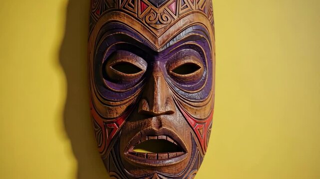 Detailed wood-carved tribal mask on yellow background