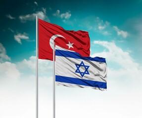  National flags of Turkey and Israel wave side by side in a clear blue sky symbolizing...