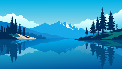  Lake Tahoe Vector Illustration with Pines and Water Reflection