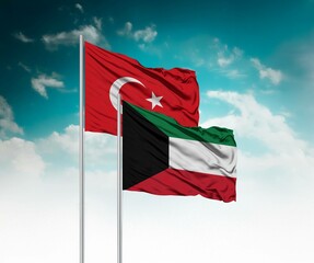 National flags of Turkey and Kuwait wave side by side in a clear blue sky symbolizing international unity and cooperation.