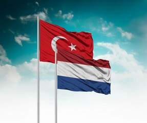  National flags of Turkey and Netherlands wave side by side in a clear blue sky symbolizing...