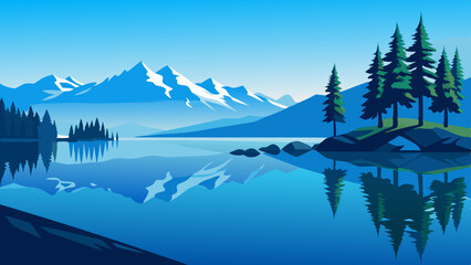 Lake Tahoe Vector Illustration with Pines and Water Reflection