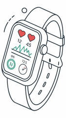 Vector image smart watch with pedometer and heart rate graph. Style UI-friendly, flat icons, redgreen accents 