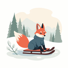 Adorable red fox vulpes vulpes kit sitting on small sled in snowy winter landscape.  Fox wearing blue sweater enjoys winter wonderland scene with pine trees and mountains.