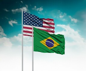  National flags of United States of America and Brazil wave side by side in a clear blue sky...