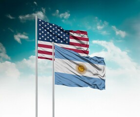  National flags of United States of America and Argentina wave side by side in a clear blue sky symbolizing international unity and cooperation.