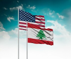  National flags of United States of America and Lebanon wave side by side in a clear blue sky symbolizing international unity and cooperation.
