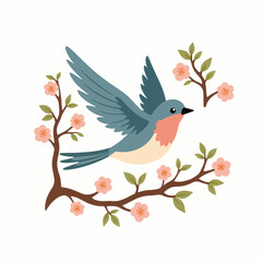 Obraz premium Cute bluebird flying near blooming branches with pink flowers. Springtime bird illustration features delicate flowers and bird in flight. Charming bird graphic perfect for springtime greeting cards,