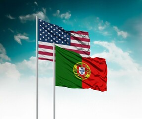  National flags of United States of America and Portugal wave side by side in a clear blue sky...
