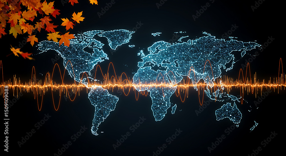 Aufkleber digital world map network with waveform and autumn leaves graphic - global data concept